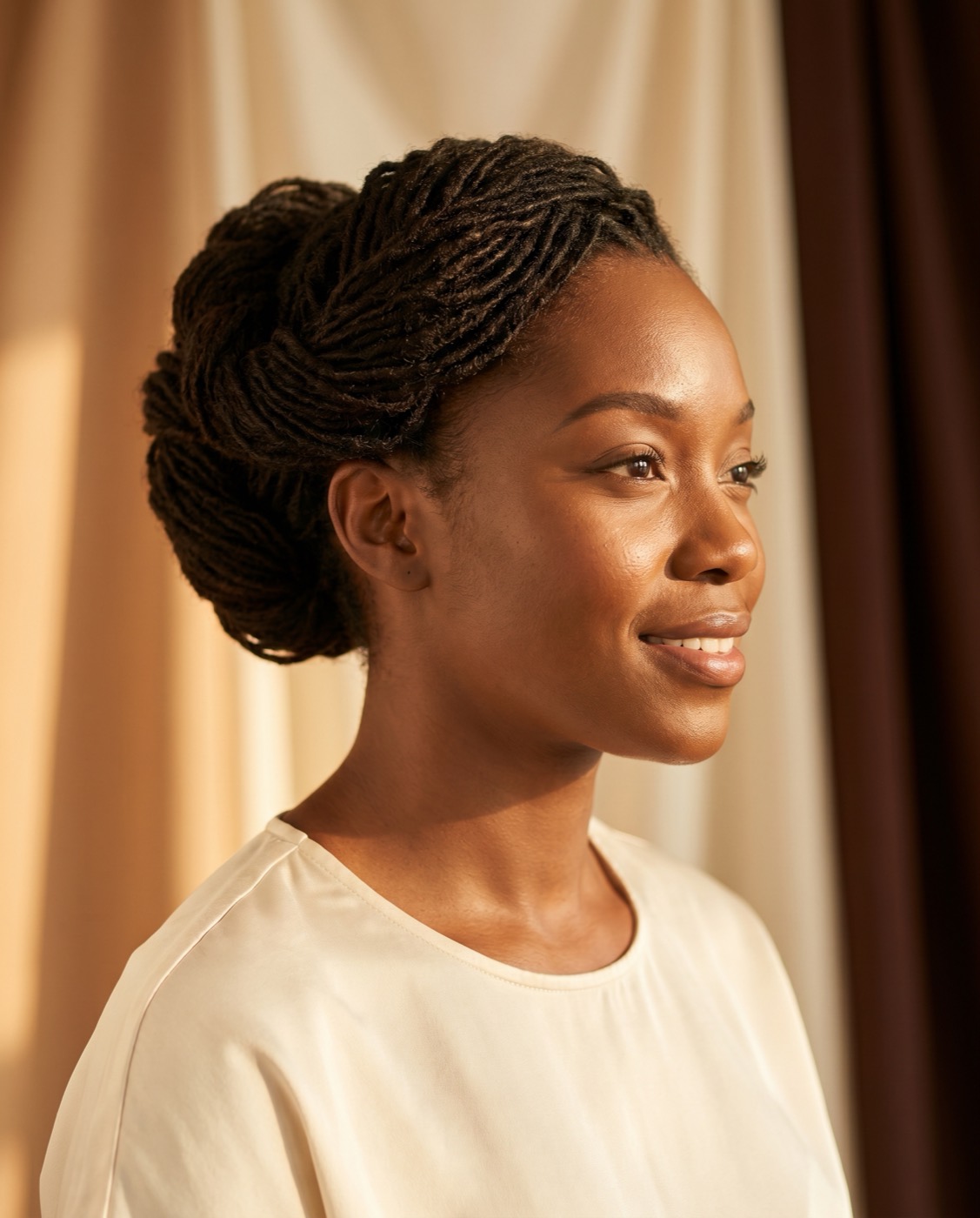 Sisterlocks styled into an elegant updo